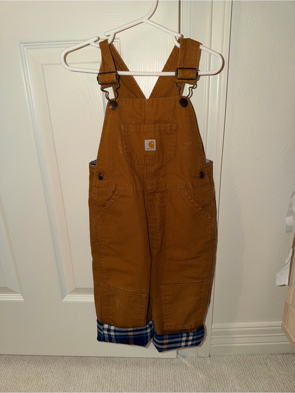 Carhartt Kids Brown/Tan Duck Canvas Overalls with Plaid Cuff